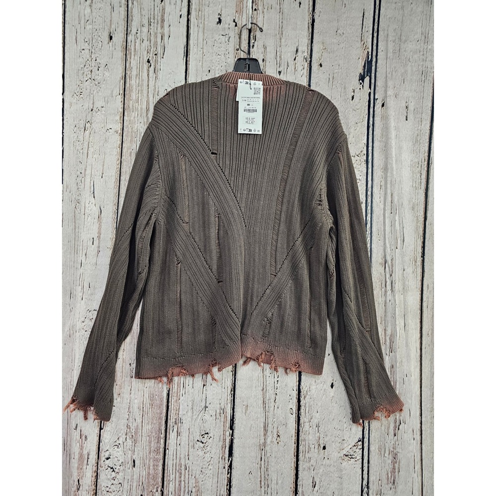 Zara Distressed Ribbed Knit Sweater Mens S-M Olive Brown Frayed Hem Streetwear - Picture 7 of 12